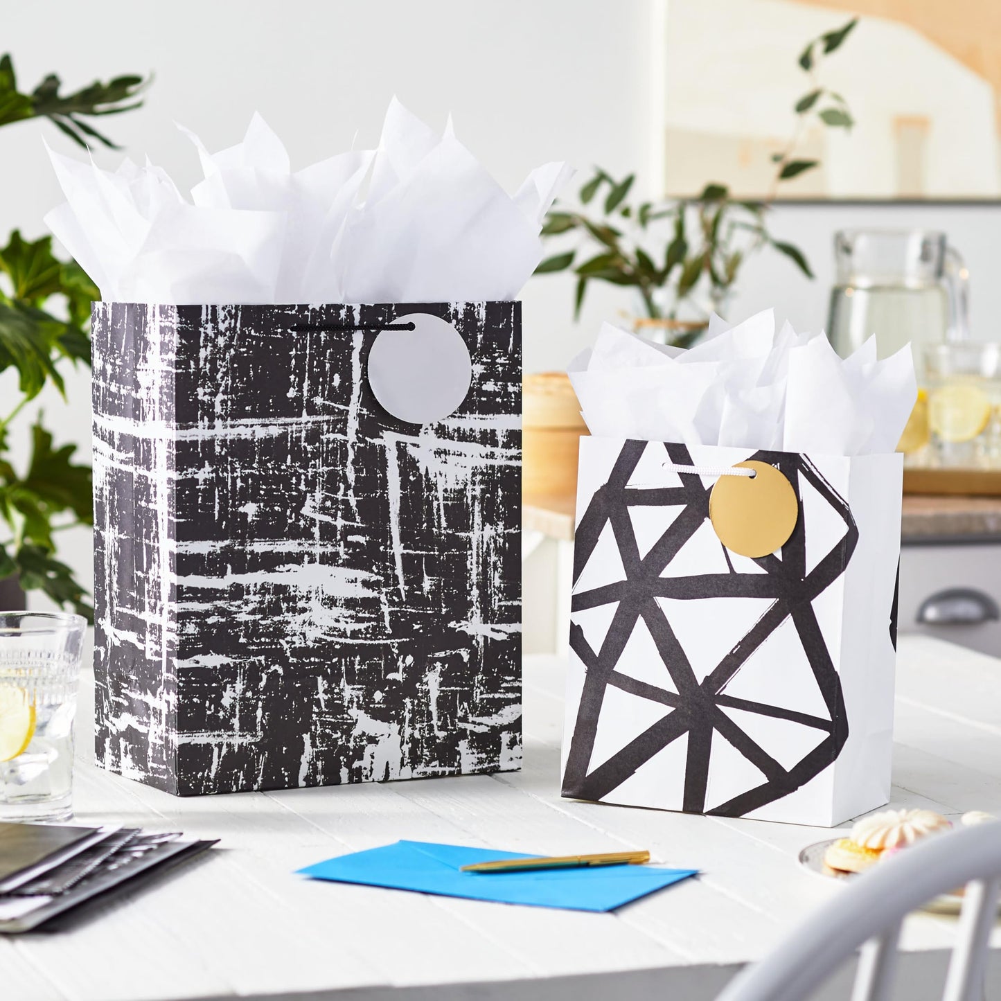 Hallmark Assorted Black and White Gift Bags (8 Bags: 4 Medium 9", 4 Large 13") for Valentine's Day, Weddings, Graduations, Retirements, Halloween