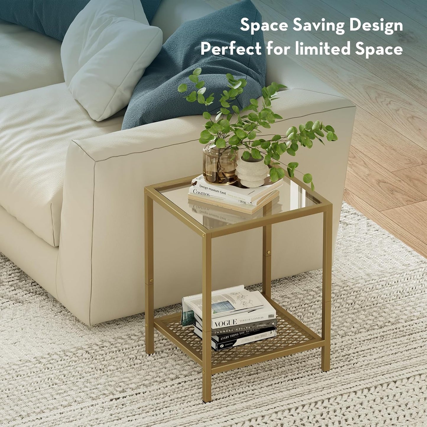 2-Tier Storage,13.3" 11.8" 19.7",Modern SAYGOER Glass Side Table Small Gold End Table for Narrow Space Square
