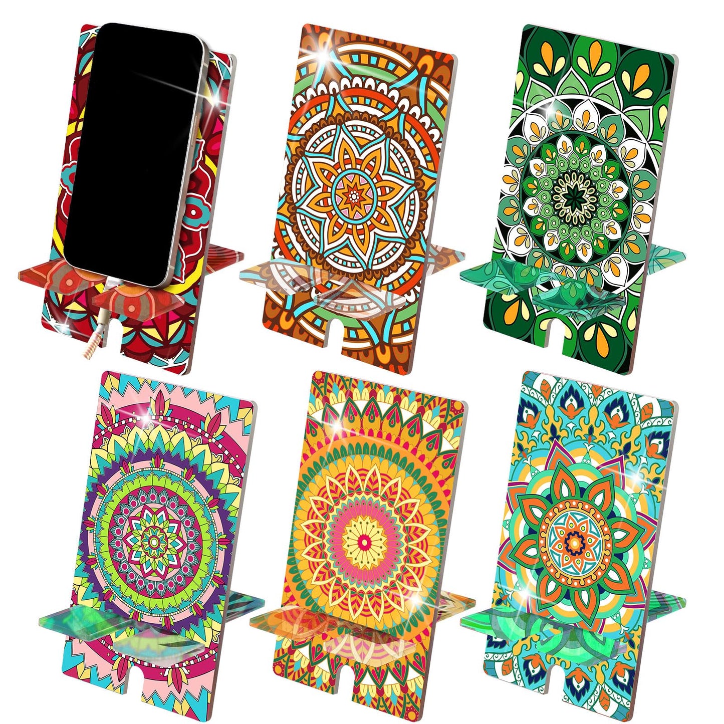 Saillong 6 Pcs Sage Green Mandala Diamond Painting Cell Phone Stand DIY Full Drill Crystal Diamond Art Phone Holder Bling Painting Art Craft Kits for Beginner Adult