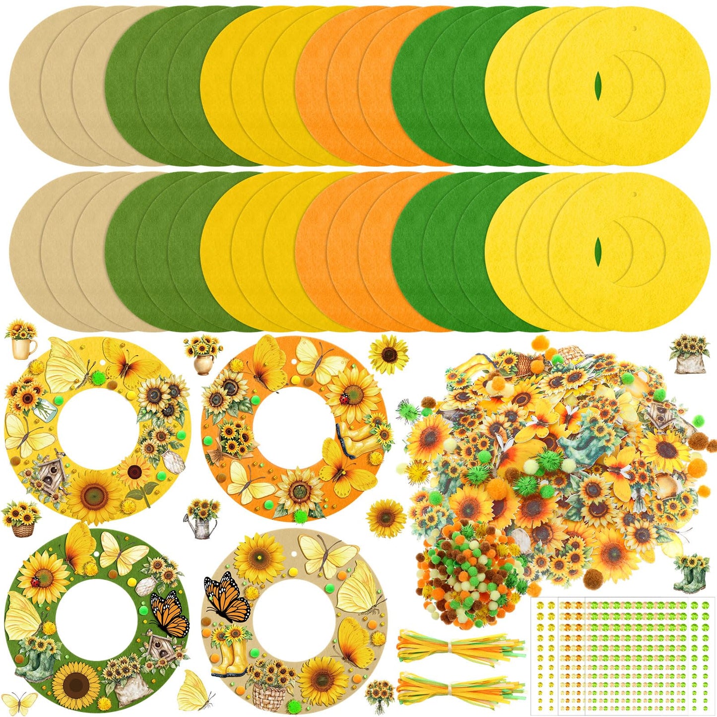 Wavwavw 472 Pcs Sunflower DIY Craft Kits Sunflower Wreath Summer Craft Kit Wreath Arts Decorations with Butterflies House Felt Stickers for Home Indoor Outdoor Party Activities Decor