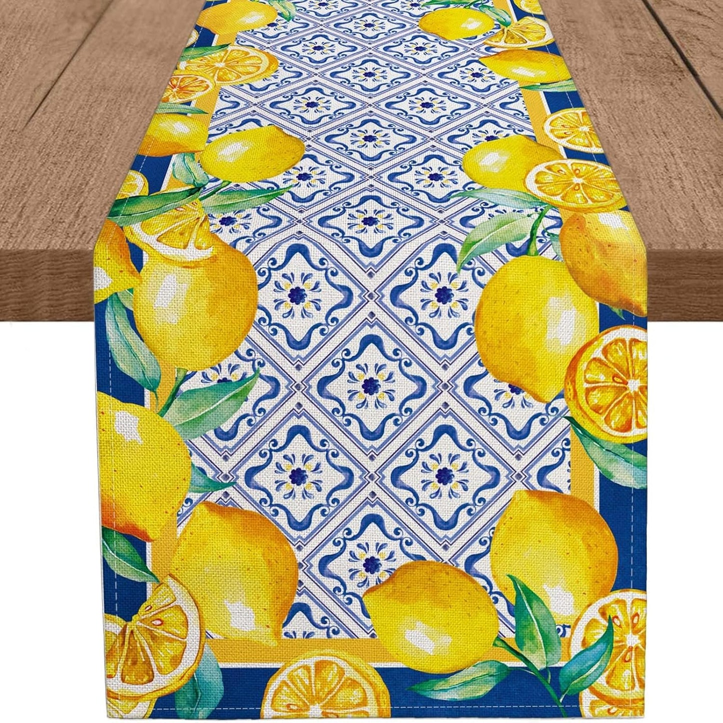 13x72 Inch Capri Blue Lemon Table Runner Italy Tile Burlap Artificial Yellow Lemon Fruit Table Runners Farmhouse Coffee