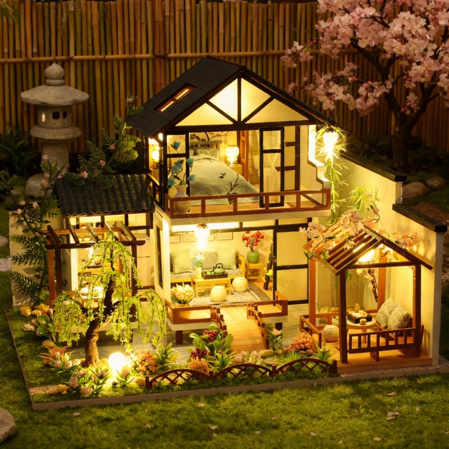 Bzmkpta DIY Miniature House Kit: Courtyard Dollhouse Kit for Adults & Teens, 3D Wooden Puzzle Booknook Bookshelf Insert Decor with LED Light, Tiny Model House Building Craft Miniature Kits, Ideal Gift