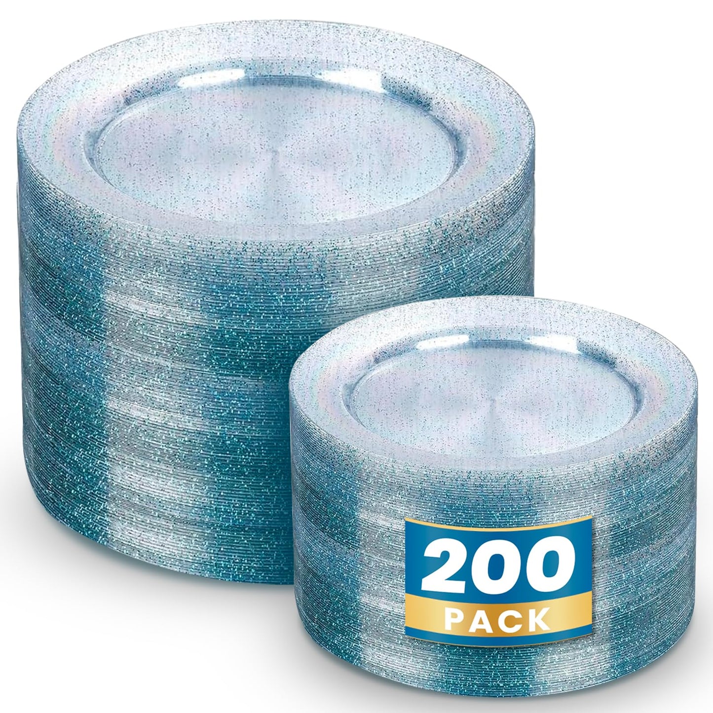 WDF 200PCS Blue Plastic Plates - Blue Glitter Plastic Plates - Heavy Duty Disposable Plates - Include 100 Dinner Plates 10" and 100 Dessert Plates 7" for Parties/Wedding/Graduation