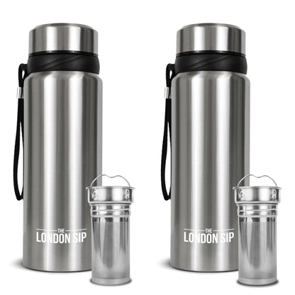 The London Sip 25 oz Multi-Function Travel Mug and Tumbler Tea Infuser Water Bottle Fruit Infused Flask Hot and Cold Double Wall Stainless Steel Coffee Thermos, Cosmic Silver, Pack of 2