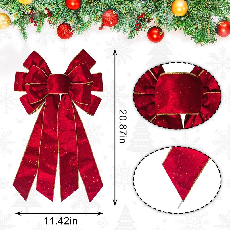 Hying Large Christmas Bows for Wreath, Glitter Red Velvet Wreath Bow Xmas Holiday Tree Topper Bows Ornaments for Front Door New Year Christmas Party Decoration Supplies