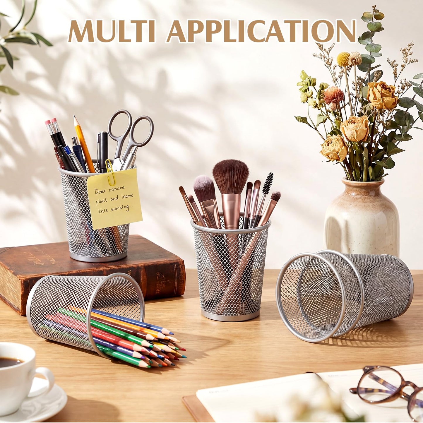 Poola Voidra 12 Pack Mesh Pen Holder Metal Pencil Cup for Desk Round Pen Holder Desktop Pencil Basket Multifunctional Organizer for Office Home Makeup Brush Tabletop, Silver
