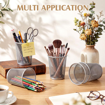 Poola Voidra 12 Pack Mesh Pen Holder Metal Pencil Cup for Desk Round Pen Holder Desktop Pencil Basket Multifunctional Organizer for Office Home Makeup Brush Tabletop, Silver