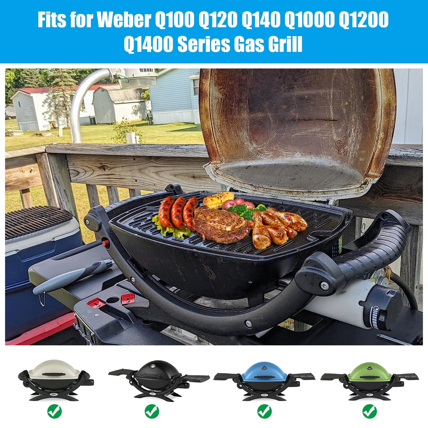 Outspark 7582 Grill Griddle for Weber Q1000 Q1200 Q1400 Q100 Q120 Q140 Series, 50060001 51060001 52020001 386001 386002,Cast Iron Cooking Pan for Weber Baby Q Accessories, with Carry Bag