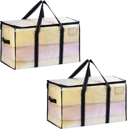 VENO 2 Pack Moving Bags, Heavy Duty Totes with Lids, Extra Large Packing Storage Boxes, Sturdy Handles, Zipper (Clear
