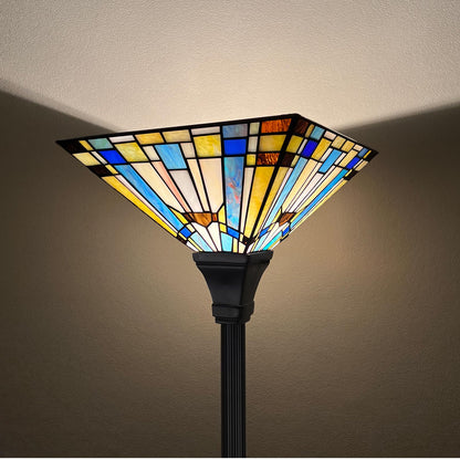 Capulina Tiffany Lamp Stained Glass Torchiere Floor Lamp 70 Inches Tall Industrial Pole Green Blue Rustic Tiffany Style Torch Standing Lamp Decor for Living Room Bedroom Farmhouse Home Office