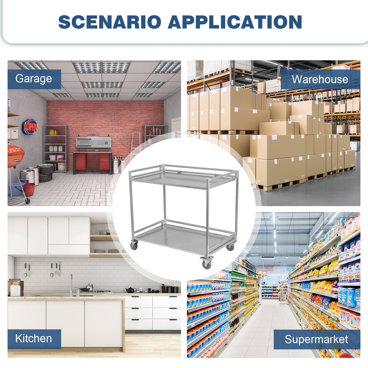 Metal Cart on Wheels 660 lbs Capacity, 2‑Shelf Folding Stainless Steel Cart with Handle, Metal Rolling Cart with Wheels, Rolling Metal Cart for Warehouse Garage Home – 39"x36"