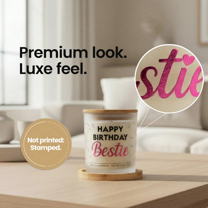 Bestie Birthday Gifts for Women - Happy Birthday Bestie Gifts for Women with Sprinkles Friendship Soy Candle Gift Set for BFF Sister Coworker Vanilla Lavender Candle Ready to Gift Box by Wick and Wit