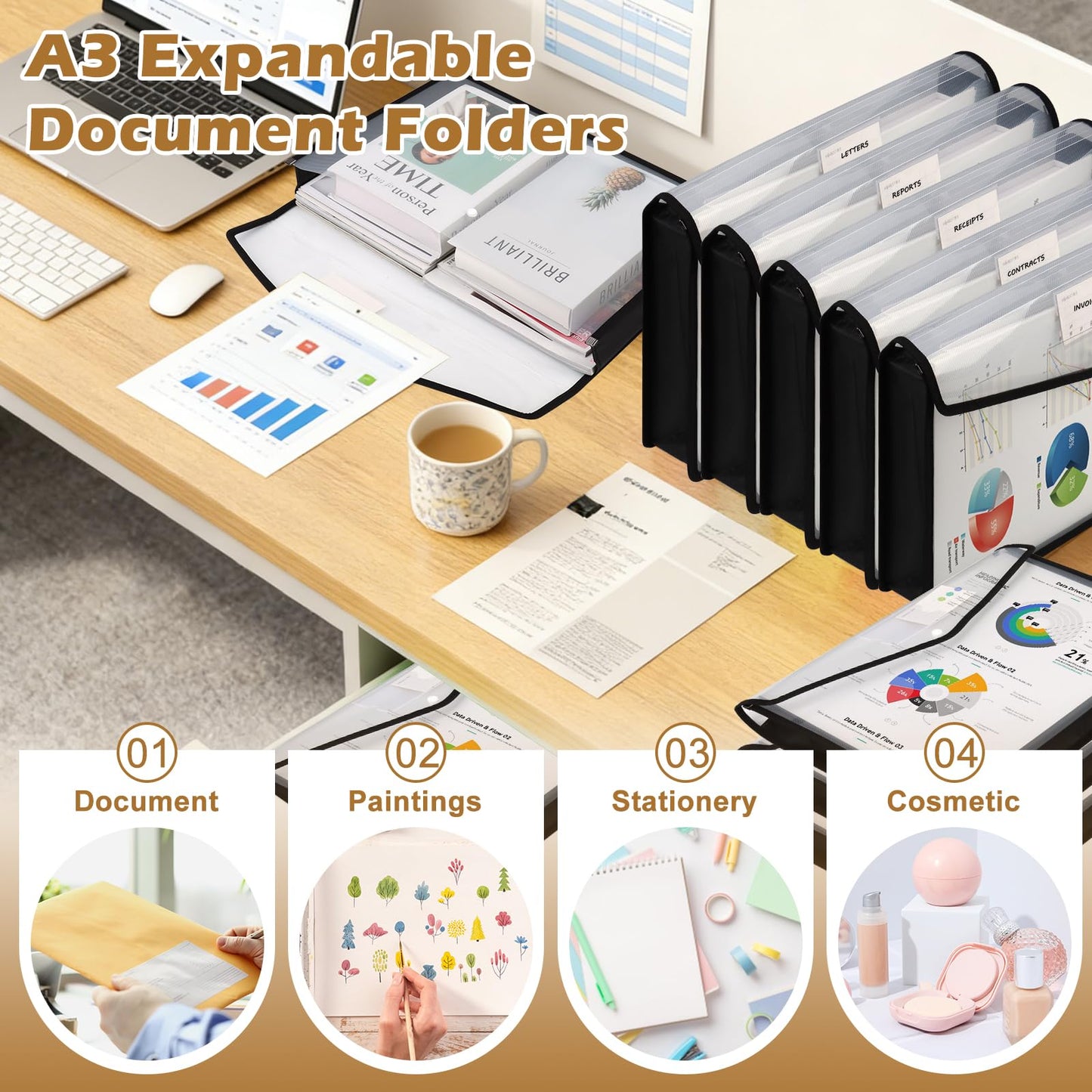 6 PCS 11 x 17 Inch Expandable Tabloid Size Document Folder with Label A3 Plastic Folders for Documents Black Expanding File Wallet Envelope Size Waterproof Clear Plastic File Pouch for Office