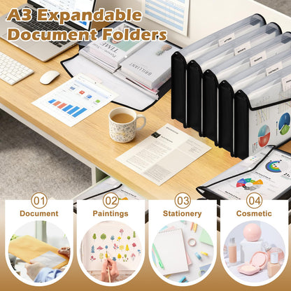 6 PCS 11 x 17 Inch Expandable Tabloid Size Document Folder with Label A3 Plastic Folders for Documents Black Expanding File Wallet Envelope Size Waterproof Clear Plastic File Pouch for Office