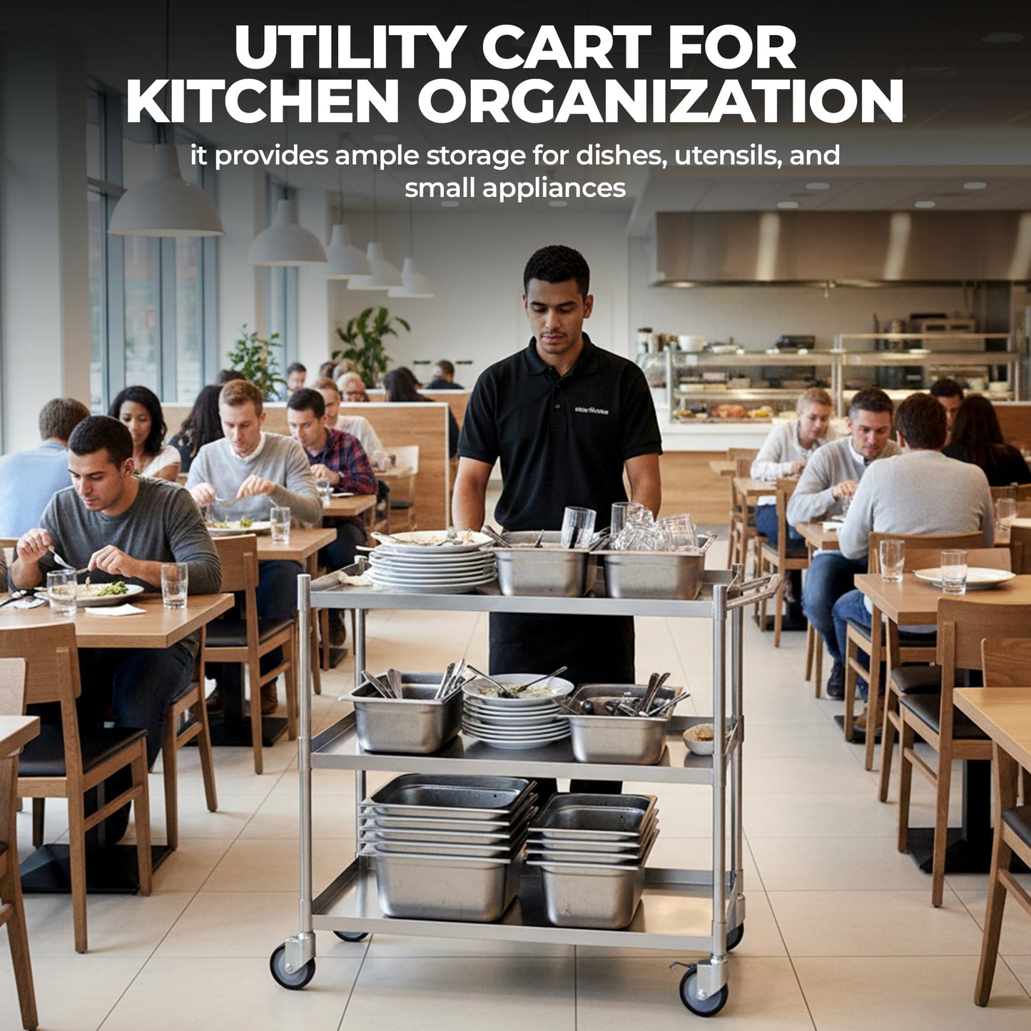 3 Shelf Stainless Steel Tubular Utility Cart | Metal Utility Cart on Wheels with Handle | NSF Certified | (15" Wide X 24" Long X 33" High)