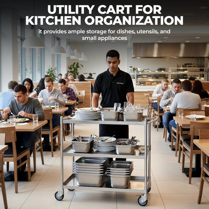 3 Shelf Stainless Steel Tubular Utility Cart | Metal Utility Cart on Wheels with Handle | NSF Certified | (18" Wide X 28" Long X 33" High)
