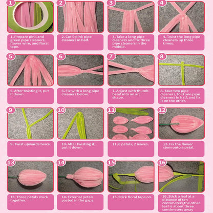 Pipe Cleaners Craft Flowers Kit 791 Pcs, 400 Pcs 7 Colors 8mm Fuzzy Pipe Cleaners Bulk (Tulips/ Lilies), 360 Pcs Stamen, Chenille Stems for DIY Flower Making Kit Crafts, Floral Stems & Tape & Ribbon
