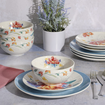 Spice by Tia Mowry Goji Blossom Decorated Porcelain Chip and Scratch Resistant Dinnerware Set, Blue, 12-Piece