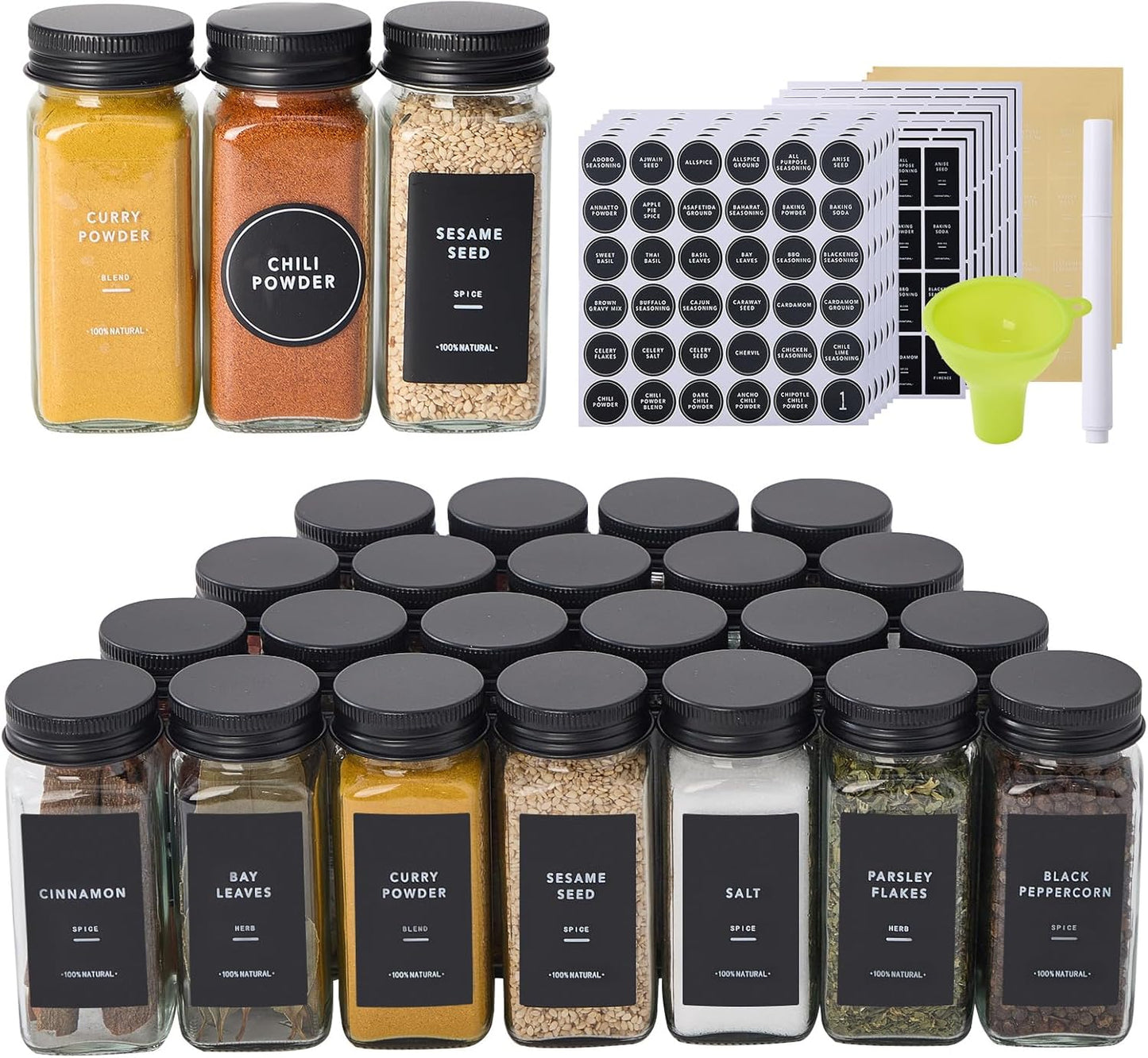 24 576 4oz Glass Spice Jars with Labels-Spice Jars with Black Metal Caps, Empty Square Spice Containers with Shaker