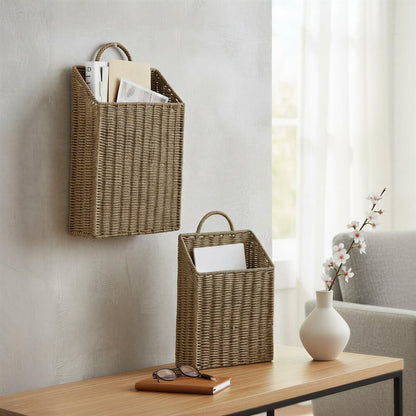 Rectangular Wicker Hanging Baskets, Set of 2, Small and Large, Handwoven Seagrass, Durable Metal Wire Frame, Multipurpose and Contemporary, Perfect for Organizing Newspapers, Mail and More, Natural