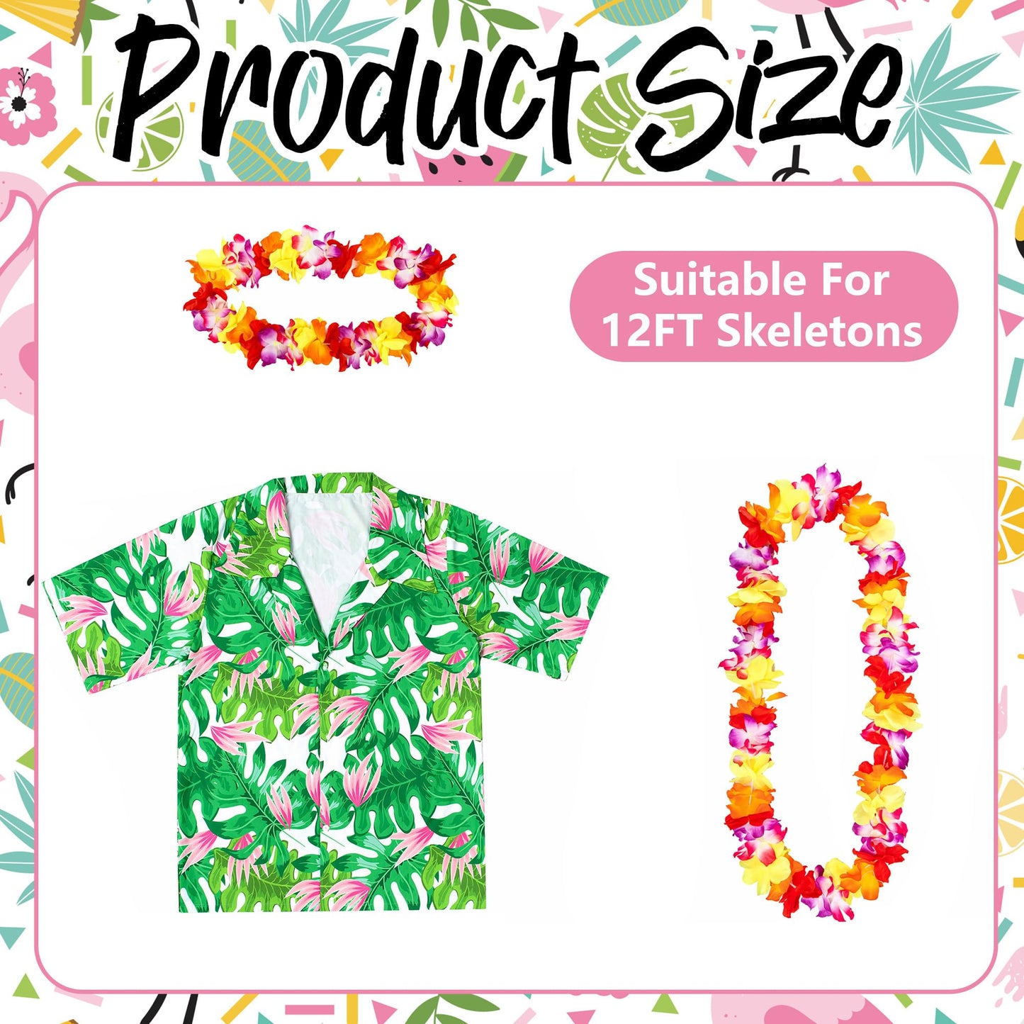 3 Pcs 12 Ft Skeleton Summer Costume Set, Hawaiian Skeleton Clothes Accessories Included Headband Garland and Shirt, Giant Skeletons Outfit Accessories for Outdoor Yard Decor, Skeletons Not Included