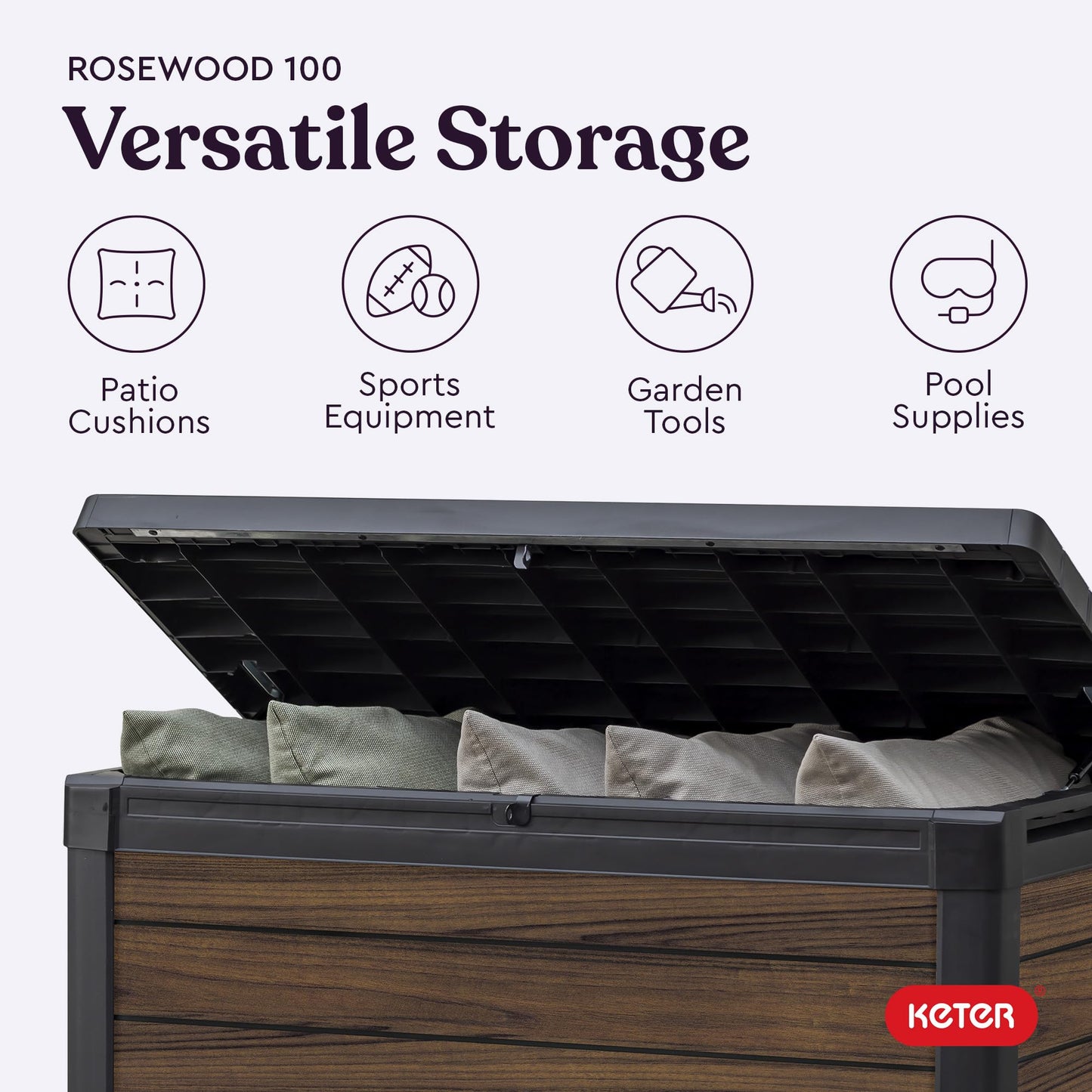 Keter Signature Collection 100 Gallon Resin Deck Box Organization and Storage for Patio Outdoor Cushions, Throw Pillows, Garden Tools and Pool Supplies, Rosewood