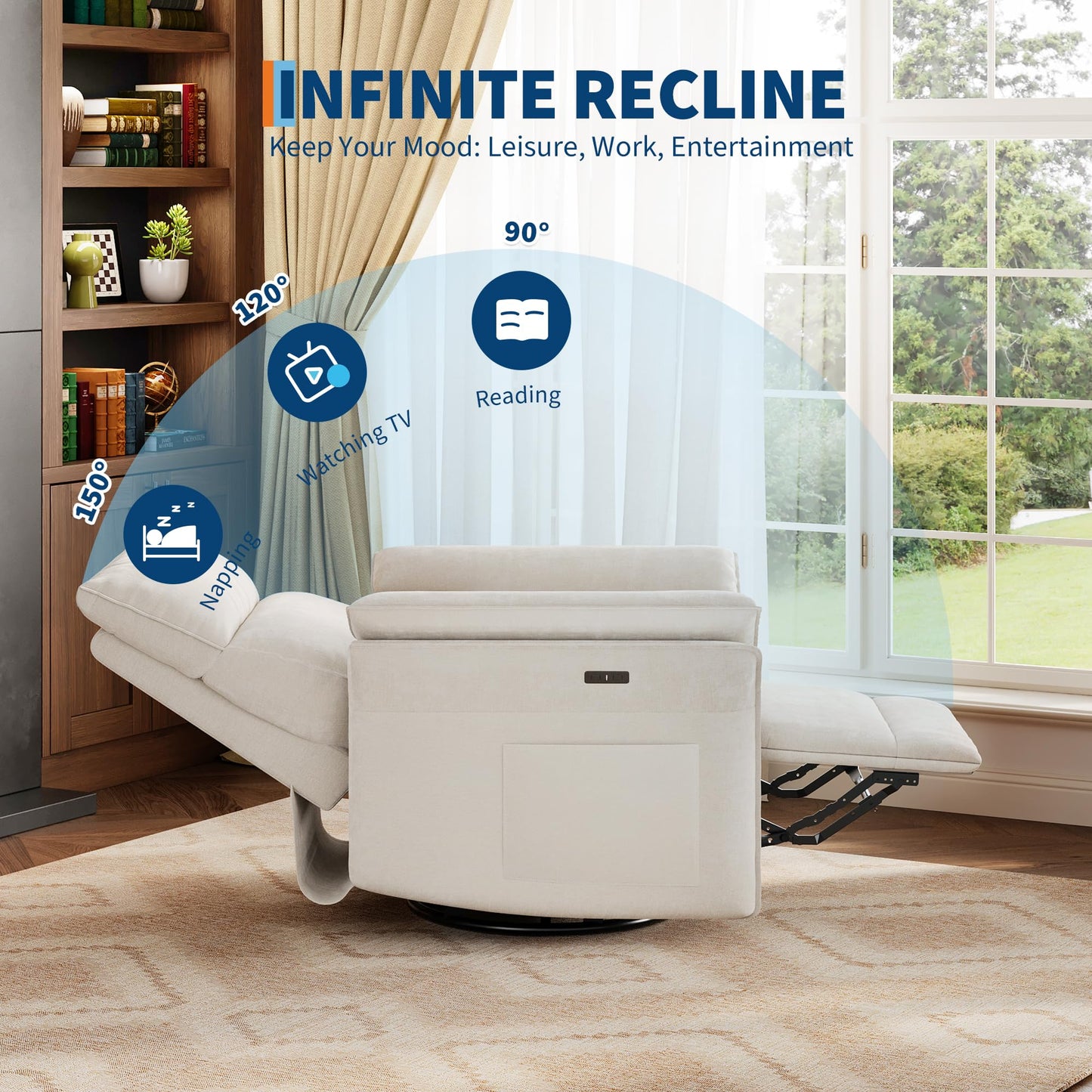 GarveeHome Power Recliner Chair, 270 °Swivel Rocking Glider with USB Charging Port, Chenille Upholstered Fabric and Double-Layer Armrests, Nursery Chair for Living Room, Nursery (Off White)