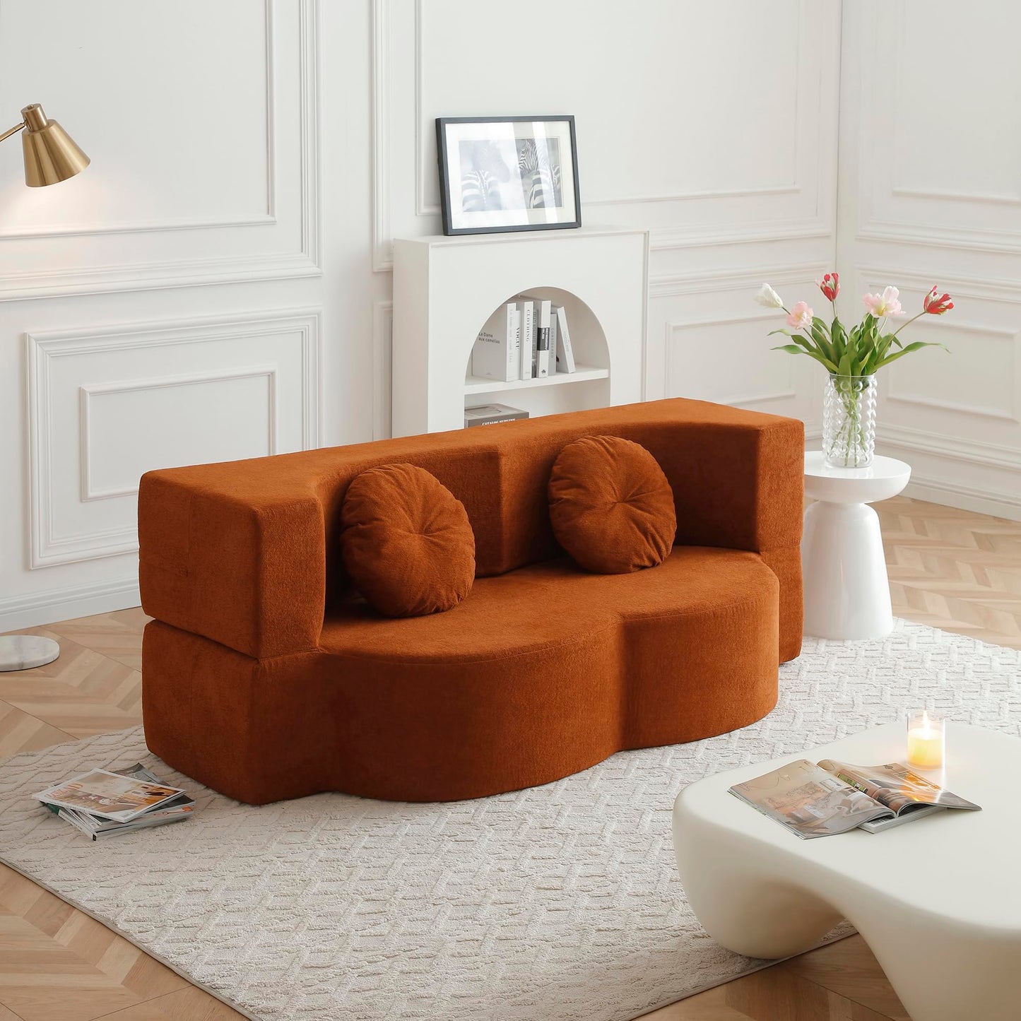 KEIKI 2-in-1 Folding Sofa Bed with Pillow, Sleeper Sofa, Floor & Futon Loveseat Couch, Foam Folding Mattress for Living Room, Guest Use, Office, Apartment, No Assembly Required, Orange