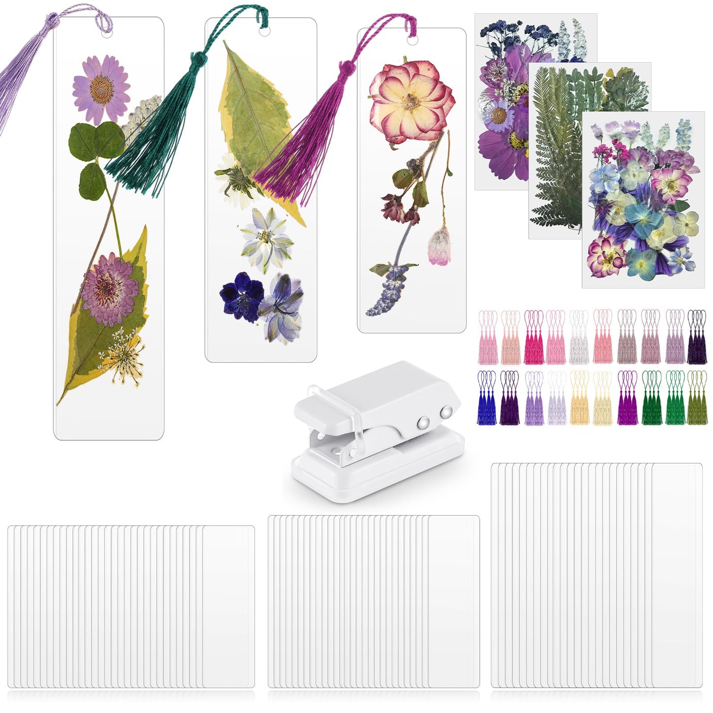 Fuyoooo 176 Pcs Dried Flower Bookmark Making Kit, DIY Bookmark Laminating Pouches with Tassels and Puncher DIY Project Gifts for Women Night Out Craft Book Lovers (Purple,3 Size)