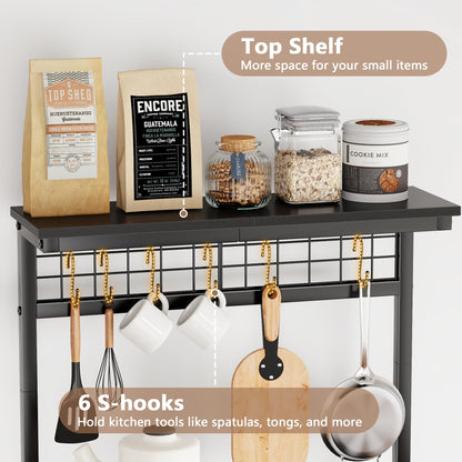 Furologee Kitchen Bakers Rack with Power Outlet, Microwave Oven Stand with Storage 4 Tiers, Coffee Bar Table with 6 S Hooks, Kitchen Storage Shelf Rack for Spices, Pots, Rustic Brown