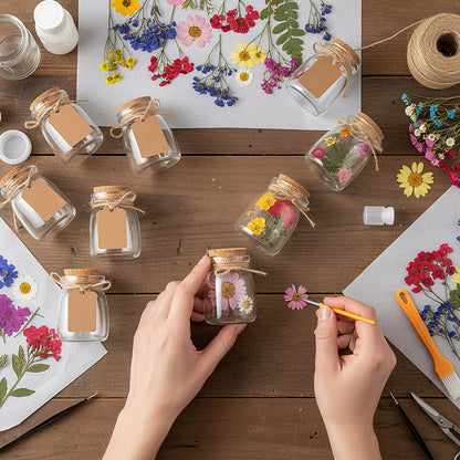 Mimorou 162 Pcs DIY Dried Pressed Flowers Mason Jar with Cork Lids Set 140 Natural Real Pressed Flowers 20 Small Glass Favor Jars 3.5 oz Making Favor for Wedding DIY Candle Craft
