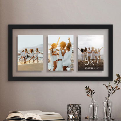 Americanflat 5x7 Picture Frame Collage with Shatter-Resistant Glass - Fits Three 5x7 Photos or use as One 10x20 Picture Frame - Signature Collection - Collage Frames with Floating Effect - Black