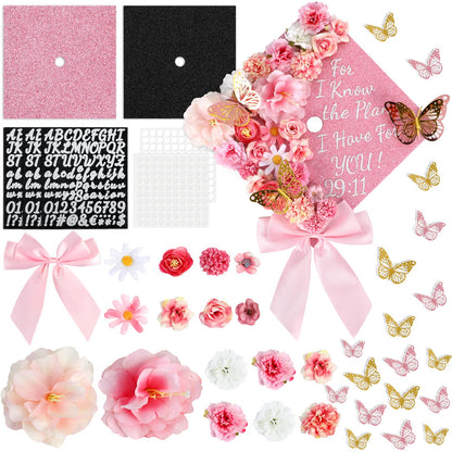 Naozinebi 55 Pcs Pink DIY Graduation Cap Decorations Faux Assorted Flowers Pink Bows 3D Butterfly Stickers Glitter Alphabet Letter Number Decals for DIY Hat Grad Cap Topper Graduation Party Supplies