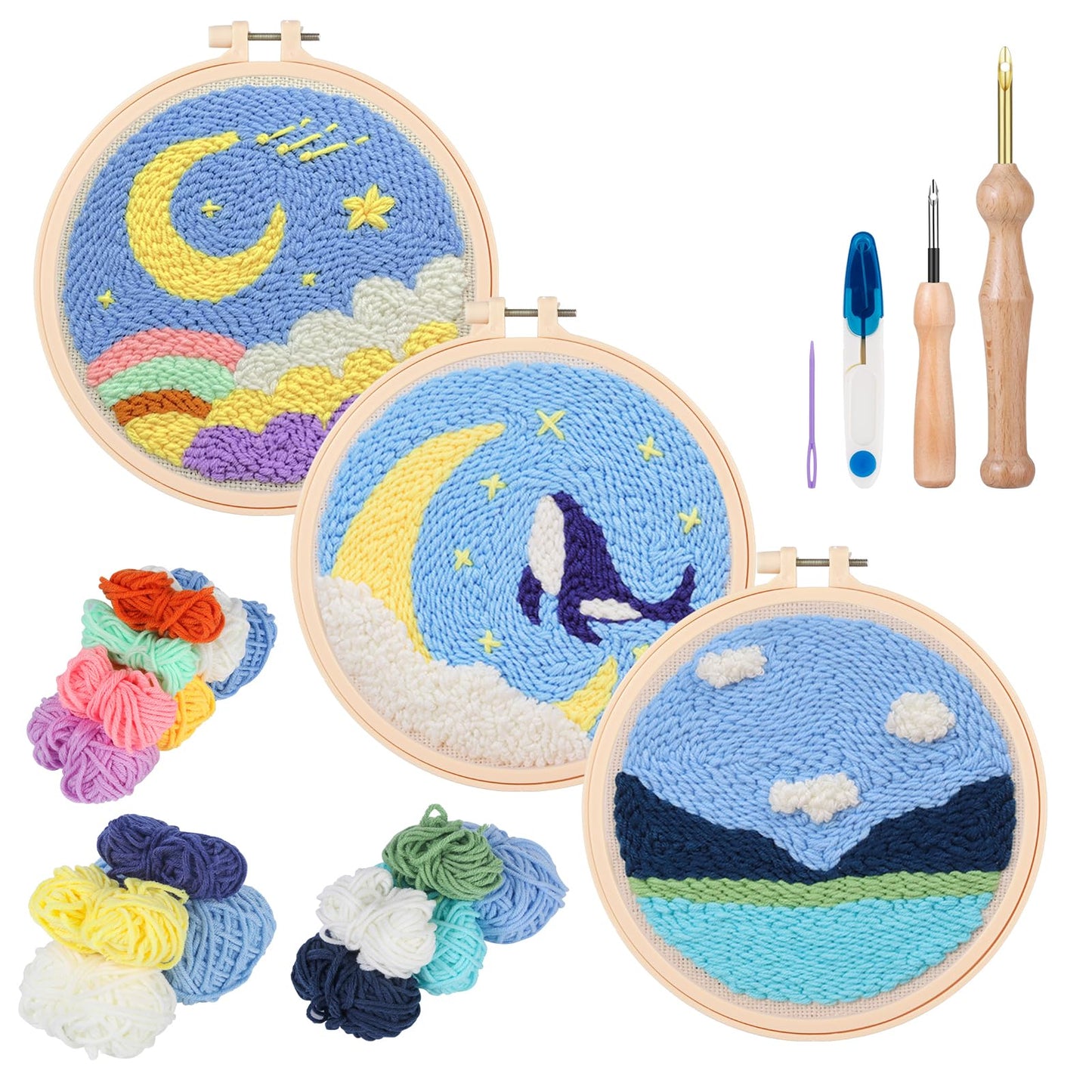 Zuaooz 3 Sets Punch Needle Kits,Whale Rainbow River Punch Embroidery Kits for Adults Beginner, Tool with Punch Needle Fabric, Hoops, Yarns and Sewing Needles