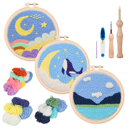 Zuaooz 3 Sets Punch Needle Kits,Whale Rainbow River Punch Embroidery Kits for Adults Beginner, Tool with Punch Needle Fabric, Hoops, Yarns and Sewing Needles