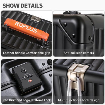 ROPLUS Aluminium Frame Checked- In Luggage with Smooth Jelly Wheels, Hardside Zipperless Rolling Suitcase with TSA Lock (BlackOrange, 28-Inch)