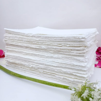 E-Tailor Handmade Cotton Deckle Edge Paper Loose Leaf Sheets 130 GSM Ivory White (Pack of 1-5x7-20-Sheets)
