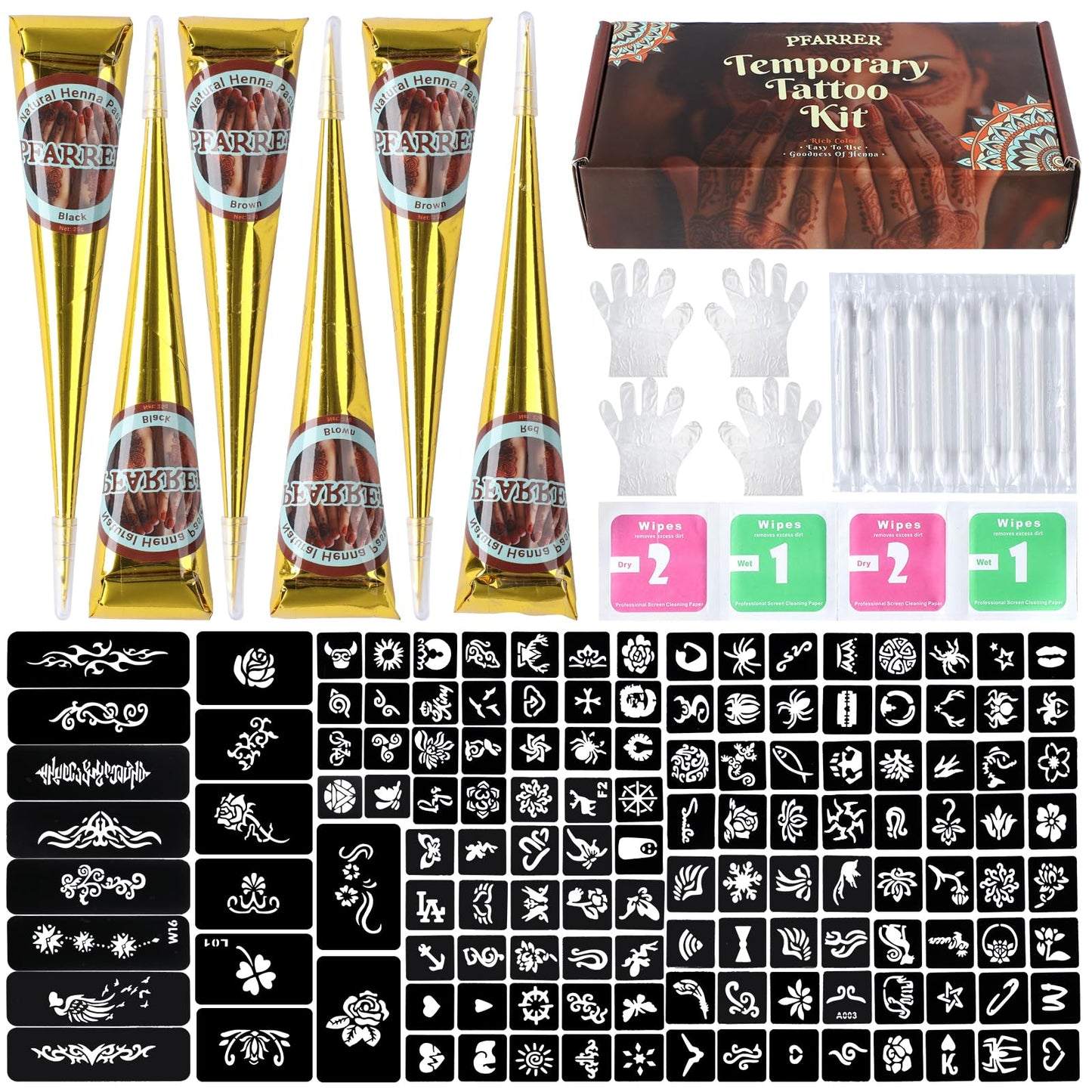 Temporary Tattoos Stencils Kit,Temporary Tattoos Kit - 6 Pcs 3 Color(3 Brown 2 Black 1 Red) Ink with Gloves,DIY Body Art Painting for Women Men Adults TA636KIT