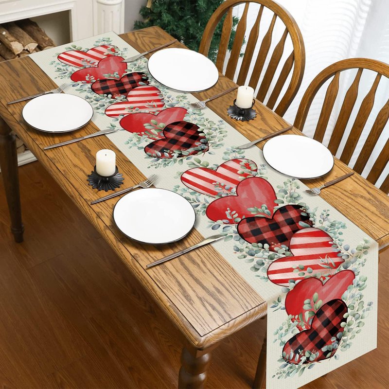 St. Patrick's Day Linen Table Runner Valentine's Day Table Runner Eucalyptus Hearts Lucky Shamrock Tables Decoration for Dinning Kitchen Home Party Decoration Supplies (13 x 72Inch)