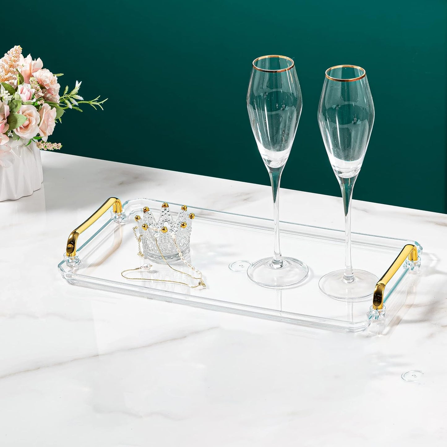 Acrylic Serving Tray with Handles, Decorative Countertop Tray for Coffee Table, 16 x 9 x 0.8 inches - Transparent