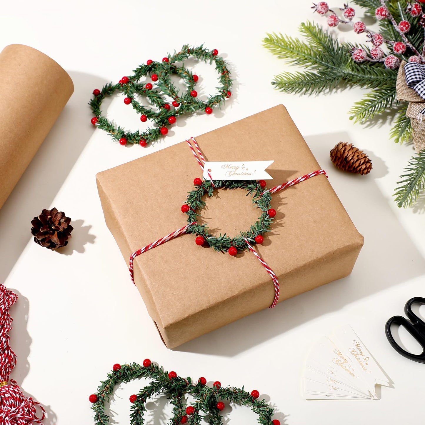 Spakon 73 Pcs Kraft Christmas Wrapping Paper Set, 15.7 in x 65.6 ft Brown Vintage Wrapping Paper with Red Berry Wreath Label Adhesive Tape for Christmas Handmade DIY Craft