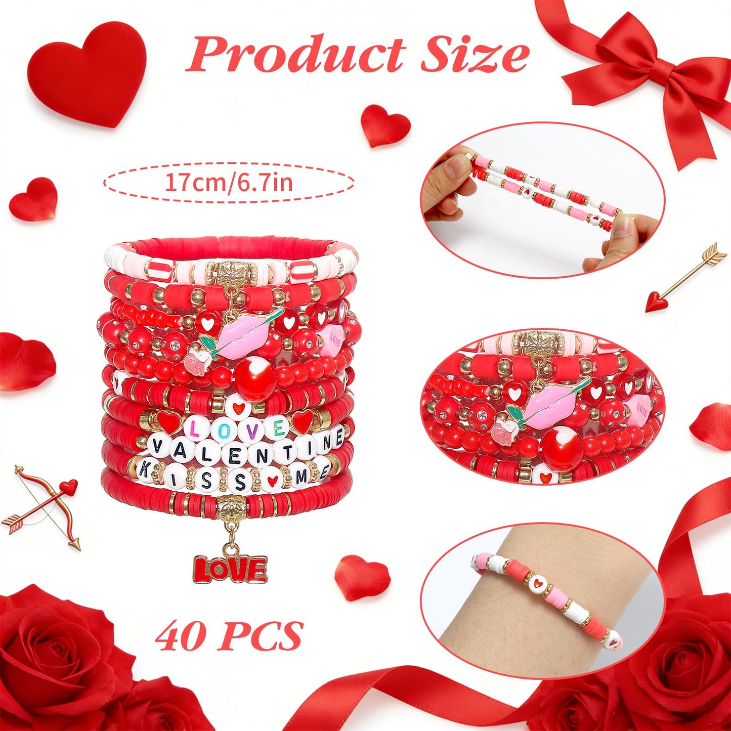 Tinrbip 40 Pcs Valentines Bracelets Kit, Clay Stretch Valentine Bracelets for Women, Cute Love Kiss Heart Friendship Bracelet, Stackable Valentines Day Bracelet Bulk, Valentine's Day Jewelry