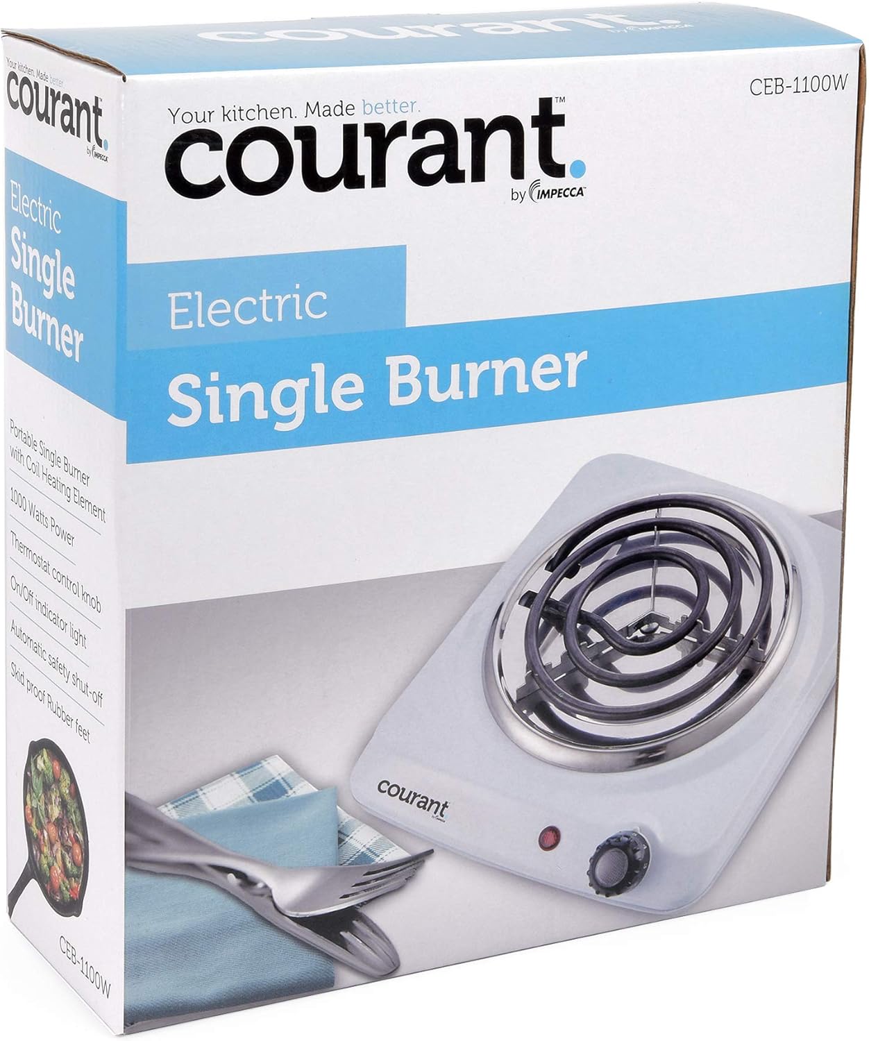 Courant Electric Burner, Single Coiled Portable Hotplate, 1000W, White