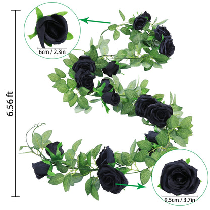 Felice Arts 2 Pack Black Artificial Flower Garland Each 6.5FT Fake Rose Vine Hanging Rose Garland for Wedding Flowers Table Arrangement Outdoor Wall Decor