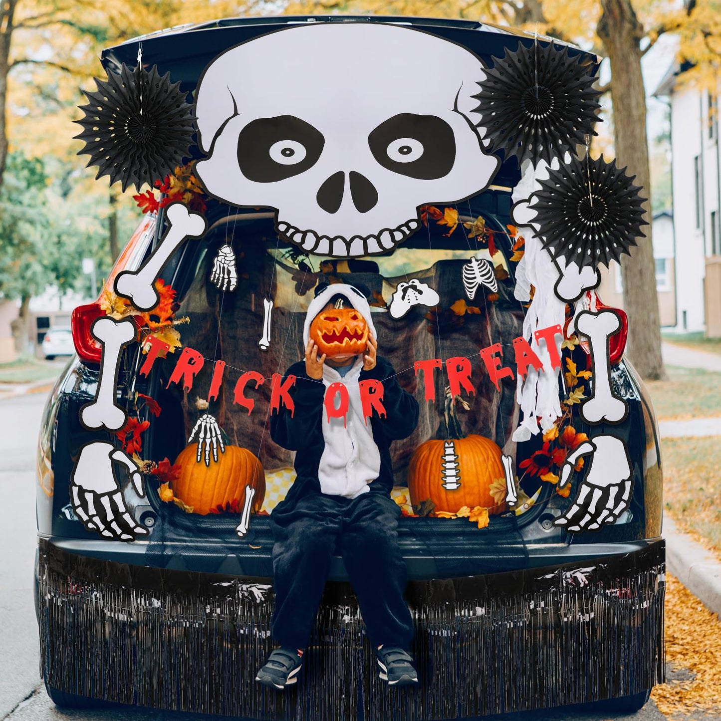 Yeaqee 32 Pcs Halloween Trunk or Treat Car Decorations Kit Skeleton Trunk or Treat Decorating Kit for Halloween Party Car SUV Decor