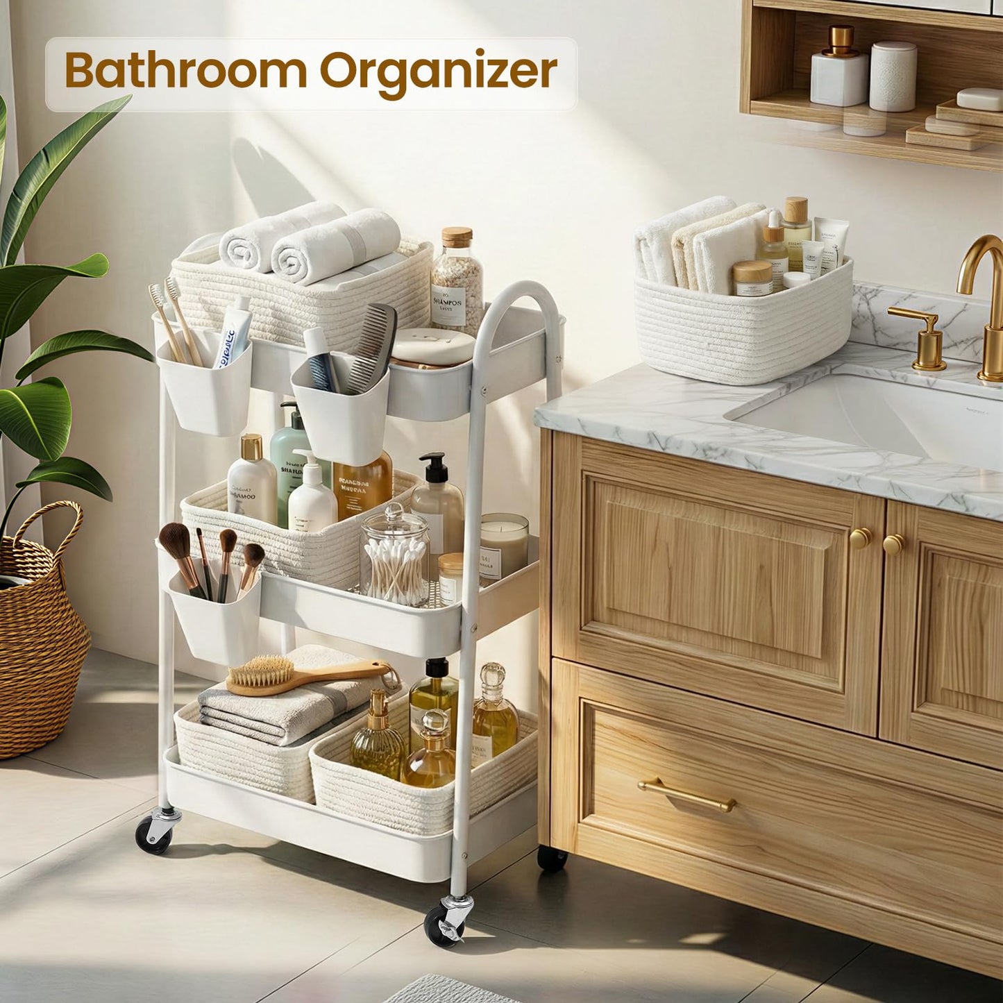 3-Tier Rolling Utility Cart with 4 Woven Baskets, Diaper Book Snack Cart, Storage Organizer for Nursery, Kitchen, Craft Room, Home SPA, Living Room, Metal Frame Trolley on Lockable Wheels, White