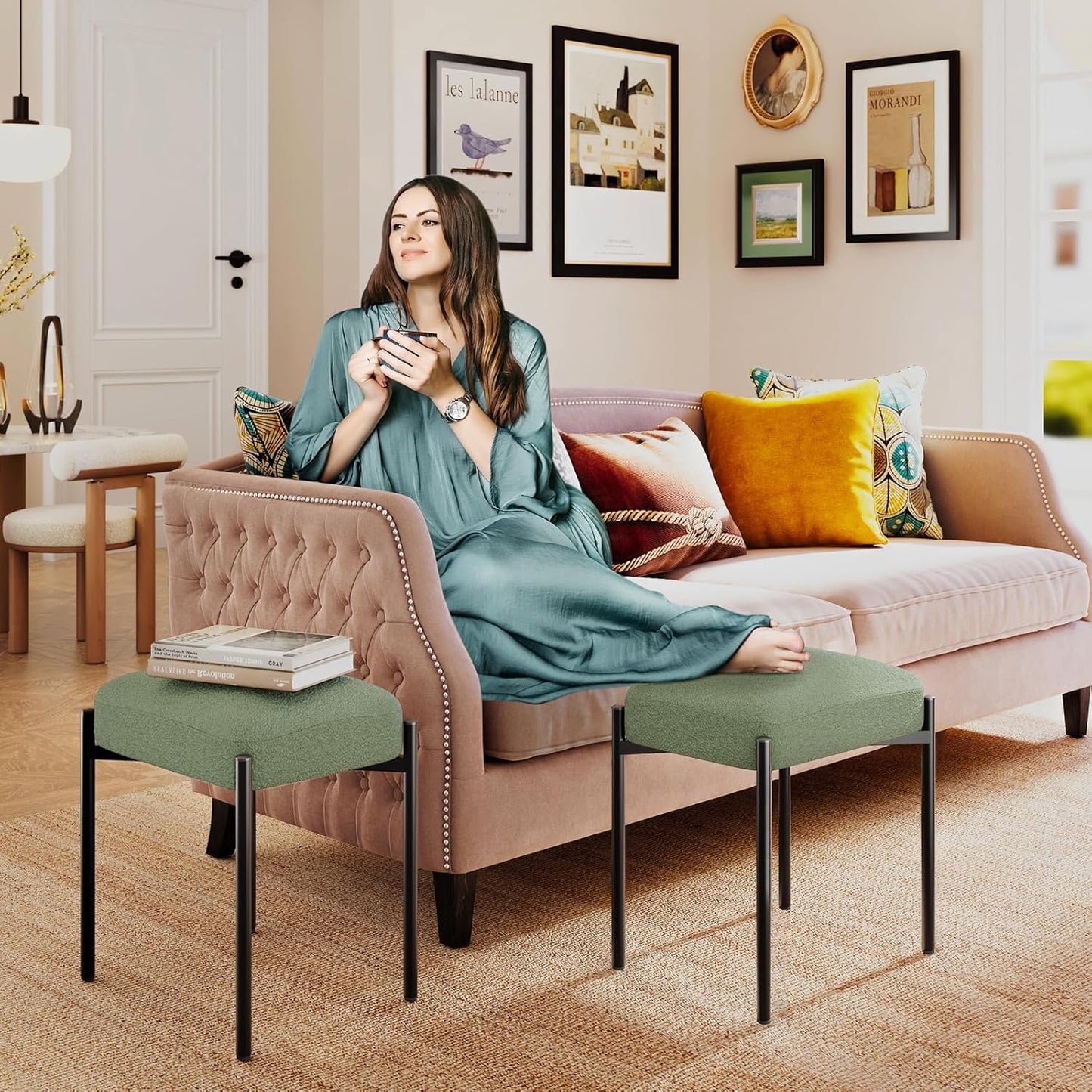 14.57" D11.42" W18.11" UHBD034D YMYNY Vanity Stool, Footrest, Square Ottoman Bench with Metal Legs, Makeup Dressing