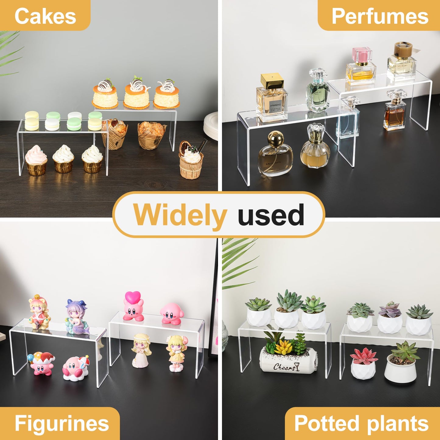 Aminigram 4 Pack Acrylic Risers Display Stands, Display Stands for Collectibles, Clear Acrylic Shelf for Show Decor Display, Toys, Cupcake (9.2 x 3 x 5 inches)