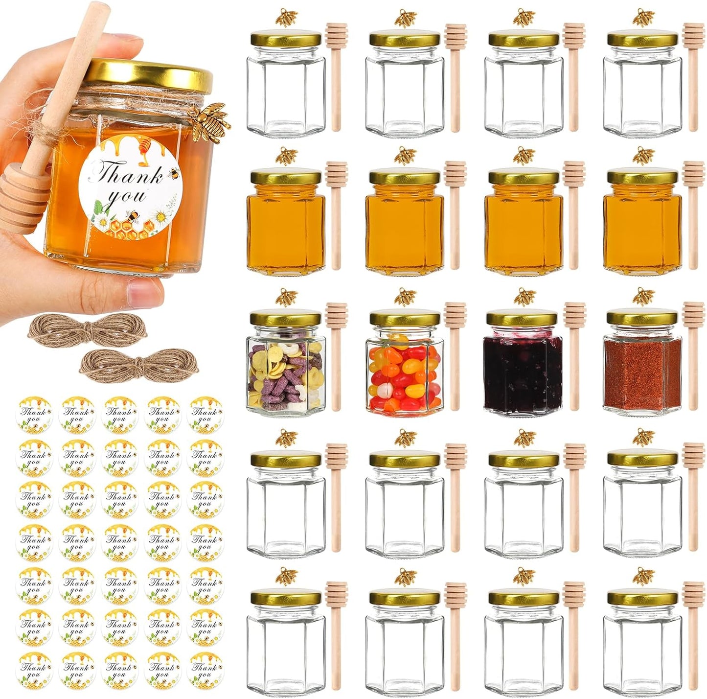 3oz 20Pack, (3 fl.oz-20Pack) Honey Jars with Dipper AuroTrends Glass Jars for Baby Shower Favors/Wedding Favors