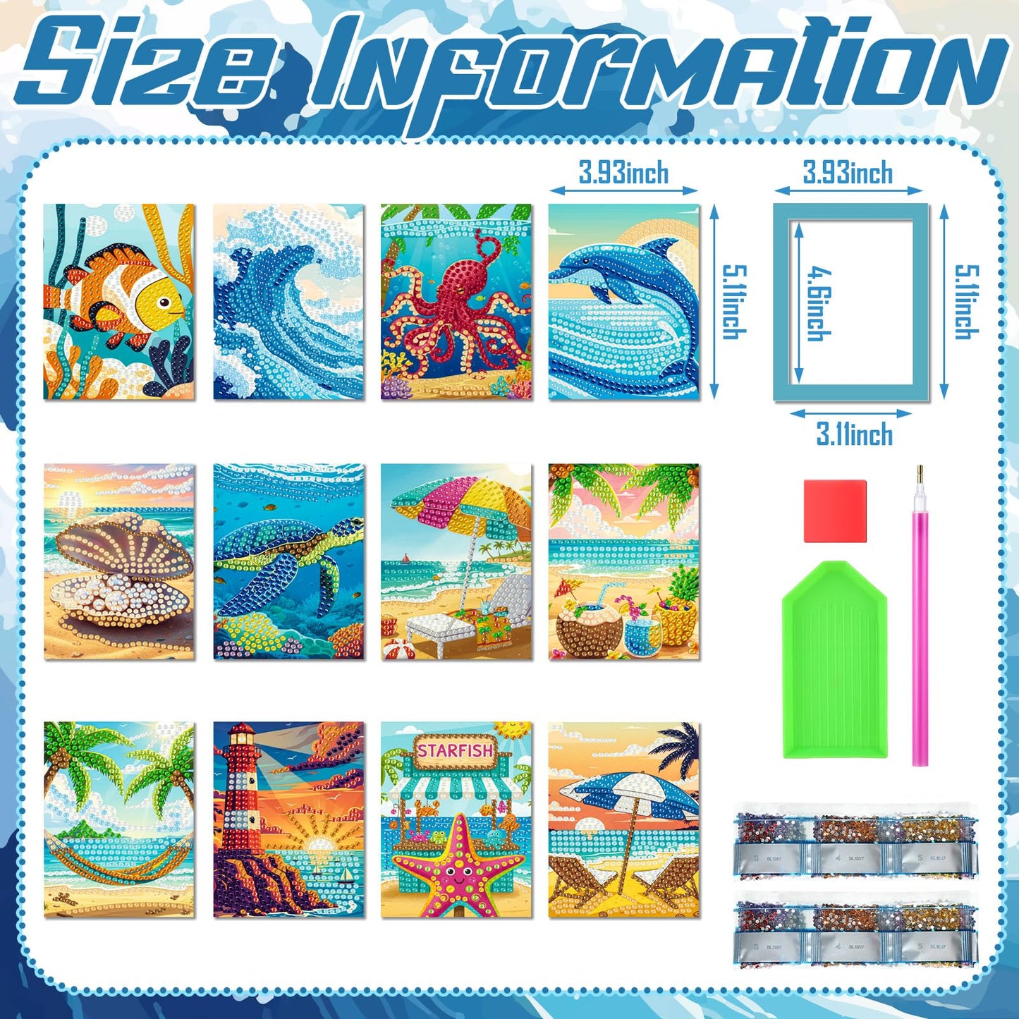 ForraFun 24 Pcs Small Summer Beach Diamond Art Kit with Frame - 5.12x3.94 Inch Mini Diamond Painting Kits for Adults & Beginners DIY, 5d Rhinestone Paint Art for Home Wall Decor, Relaxation Craft